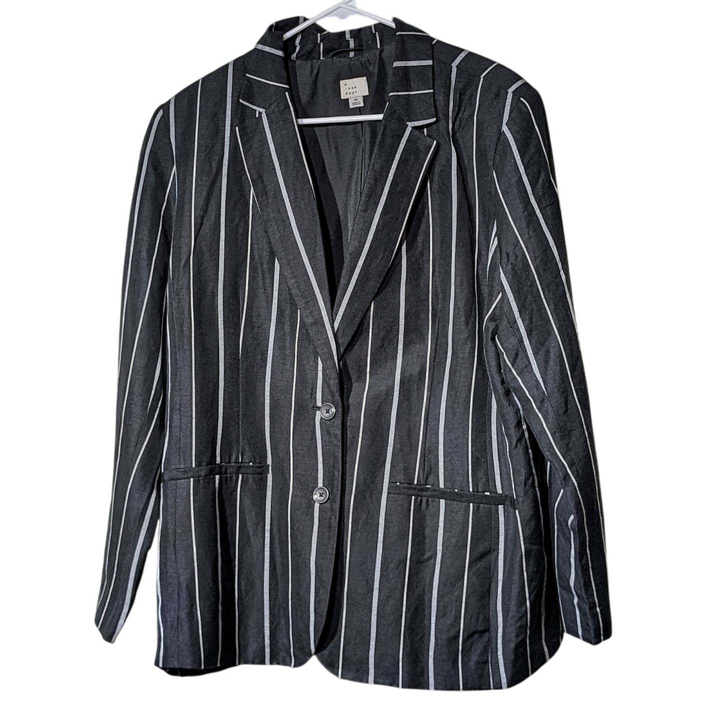 A New Day Black Stripe Linen Blend Washable Two Button Blazer Womens Sz 18