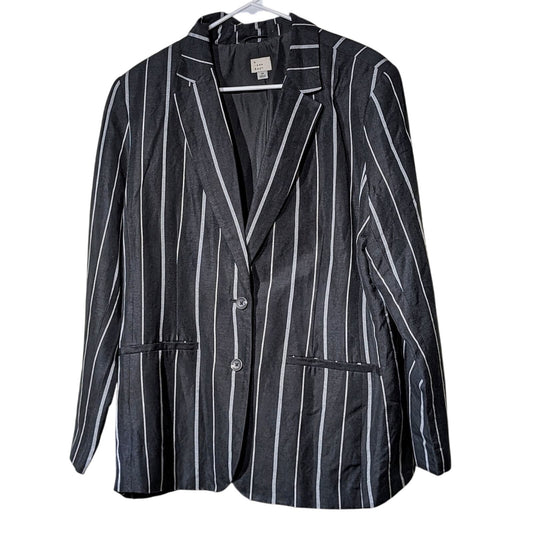 A New Day Black Stripe Linen Blend Washable Two Button Blazer Womens Sz 18