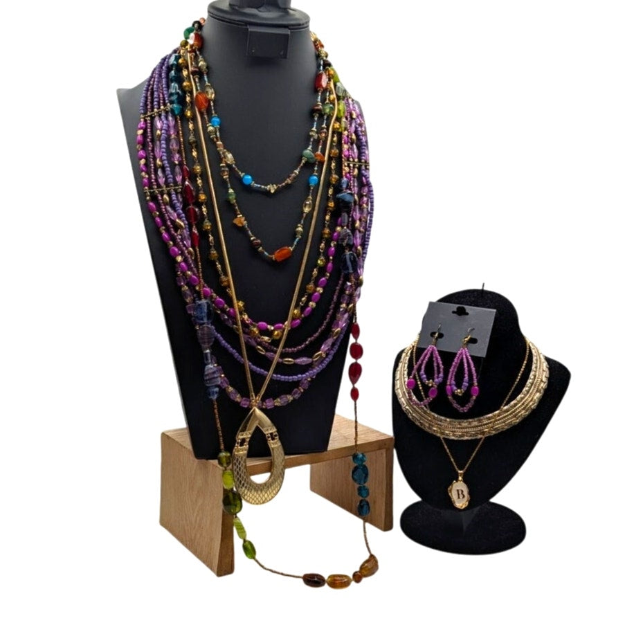 Mixed Jewelry Lot of 7 Boho Beaded & Other Necklaces & One Pr. Matching Earrings