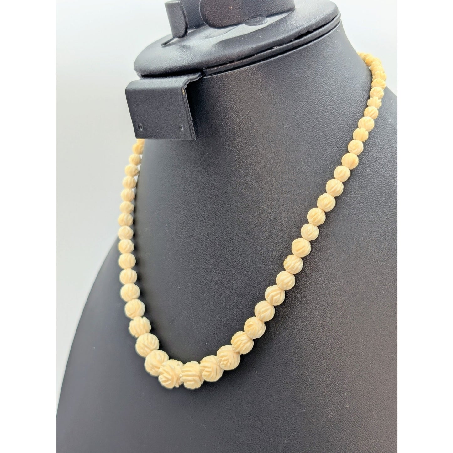 Antique Carved Celluloid Art Deco Graduated Bead 18.75" Necklace W/ Screw Clasp