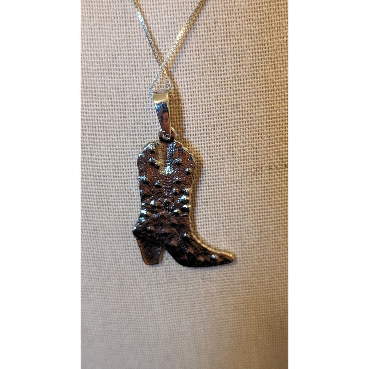 Silver Tone Rhinestone Country Western Cowgirl Boot Pendant Box Chain Necklace