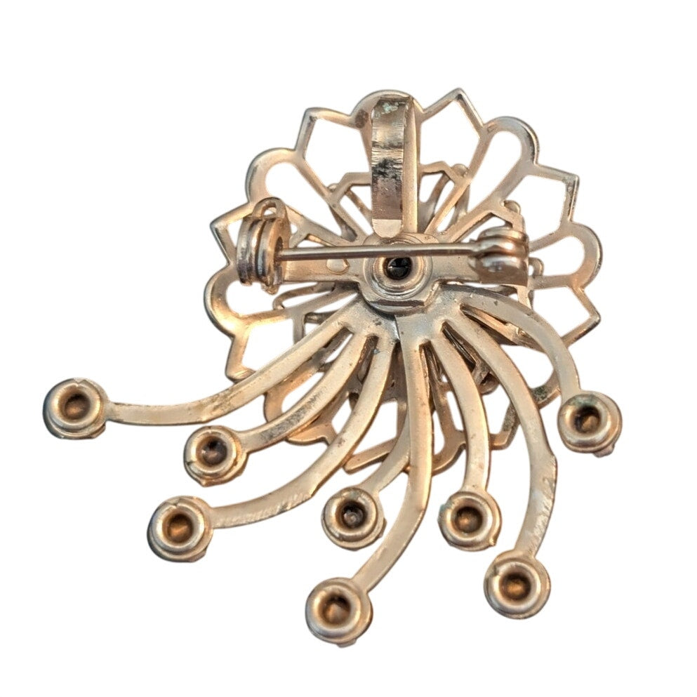 Vtg Gold Tone Blue/Clear Rhinestone Art Deco 1950s Flower Spray Brooch/Pendant