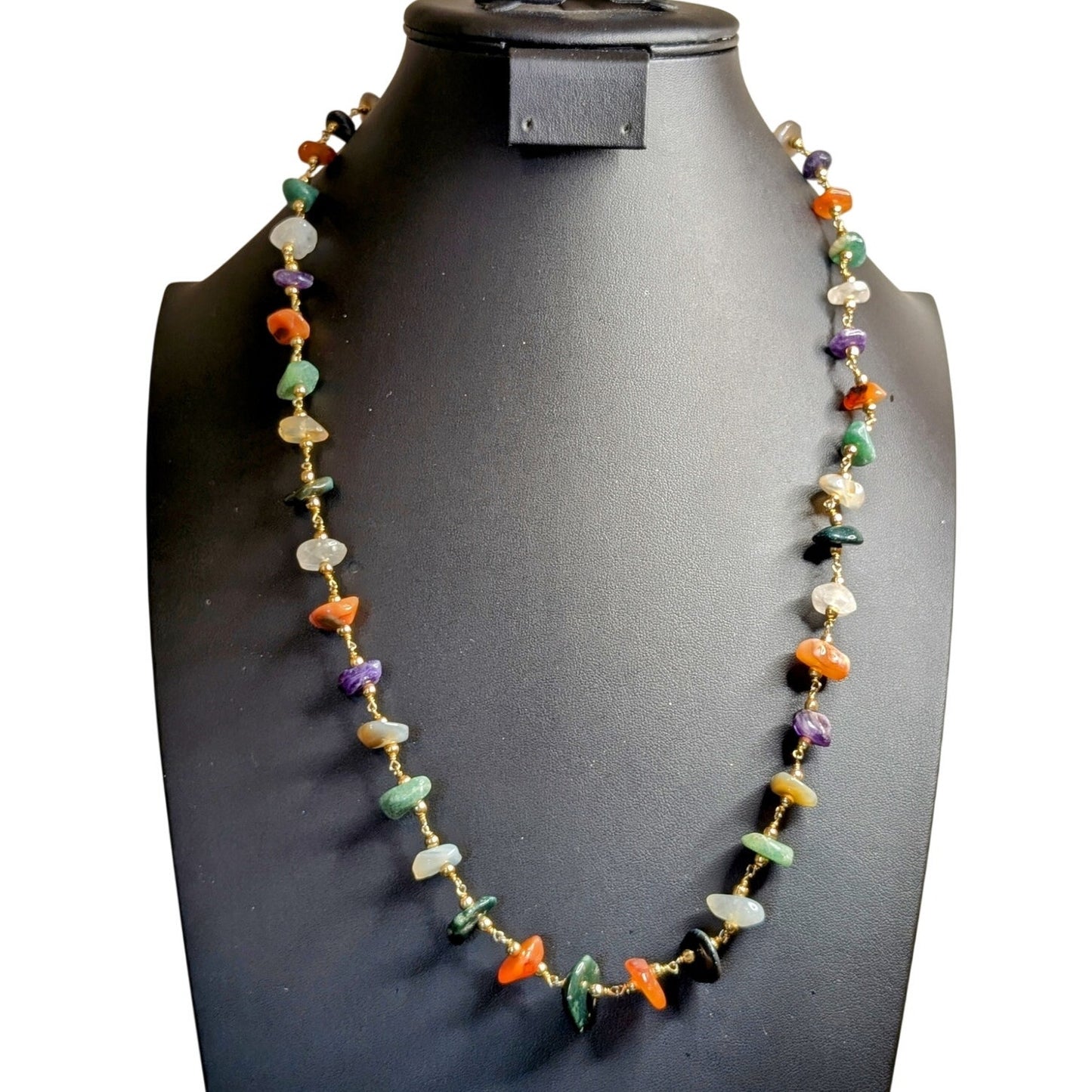 Vintage Multi Genuine Gemstone Gold Tone Bead Barrel Clasp 26" Necklace