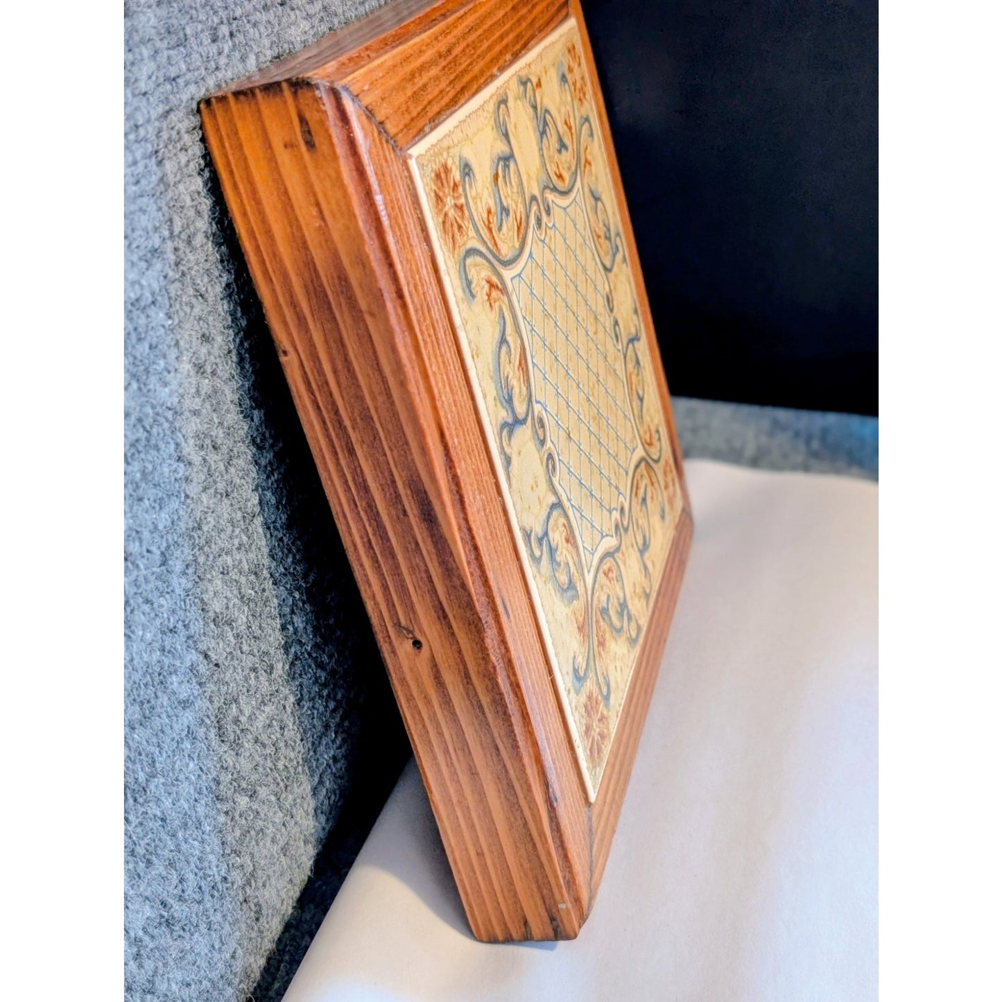 Vintage Italian Ceramic Tile Wood Framed Square Trivet Art Nouveau Pattern