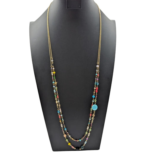 Plunder Double Strand Gold Tone Multi-Color Crystal Beaded Chain 31-34" Necklace