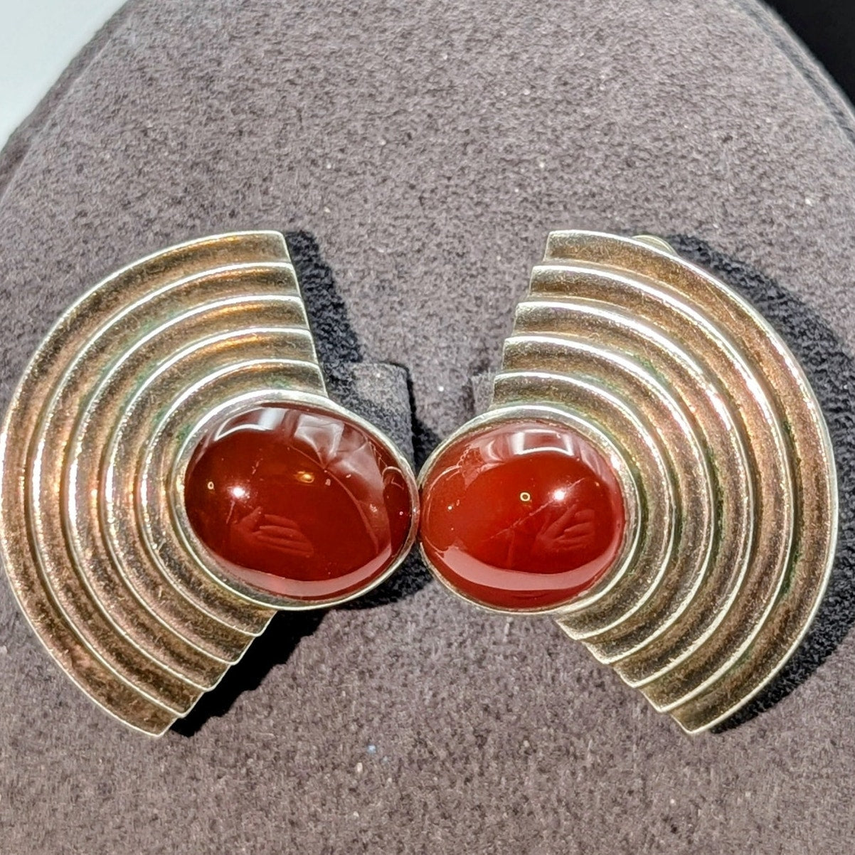 Vintage 80s Signed Nelson Levine Art Deco Style Carnelian Sterling Clip Earrings