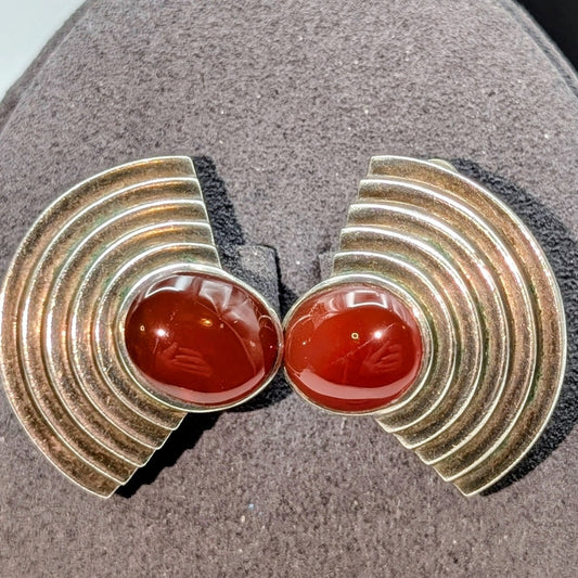 Vintage 80s Signed Nelson Levine Art Deco Style Carnelian Sterling Clip Earrings