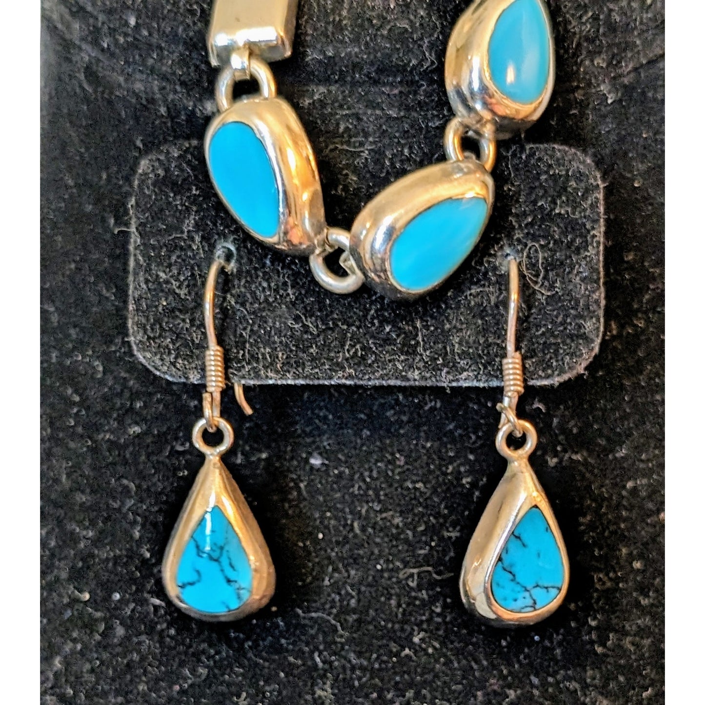 Mexico 925 Sterling Turquoise Inlay Teardrop Bracelet, Necklace & Earring Set
