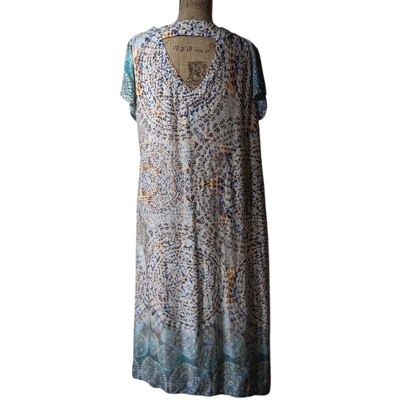 Niche Mandala Print V-Neck Viscose Shift Maxi Asymmetrical Hem Dress Womens Sz L