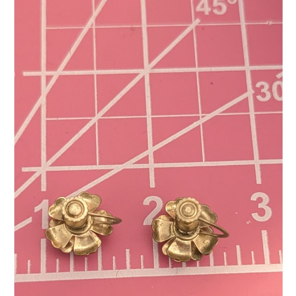 Vintage Gold Tone Floral Rose Screw Back Earrings