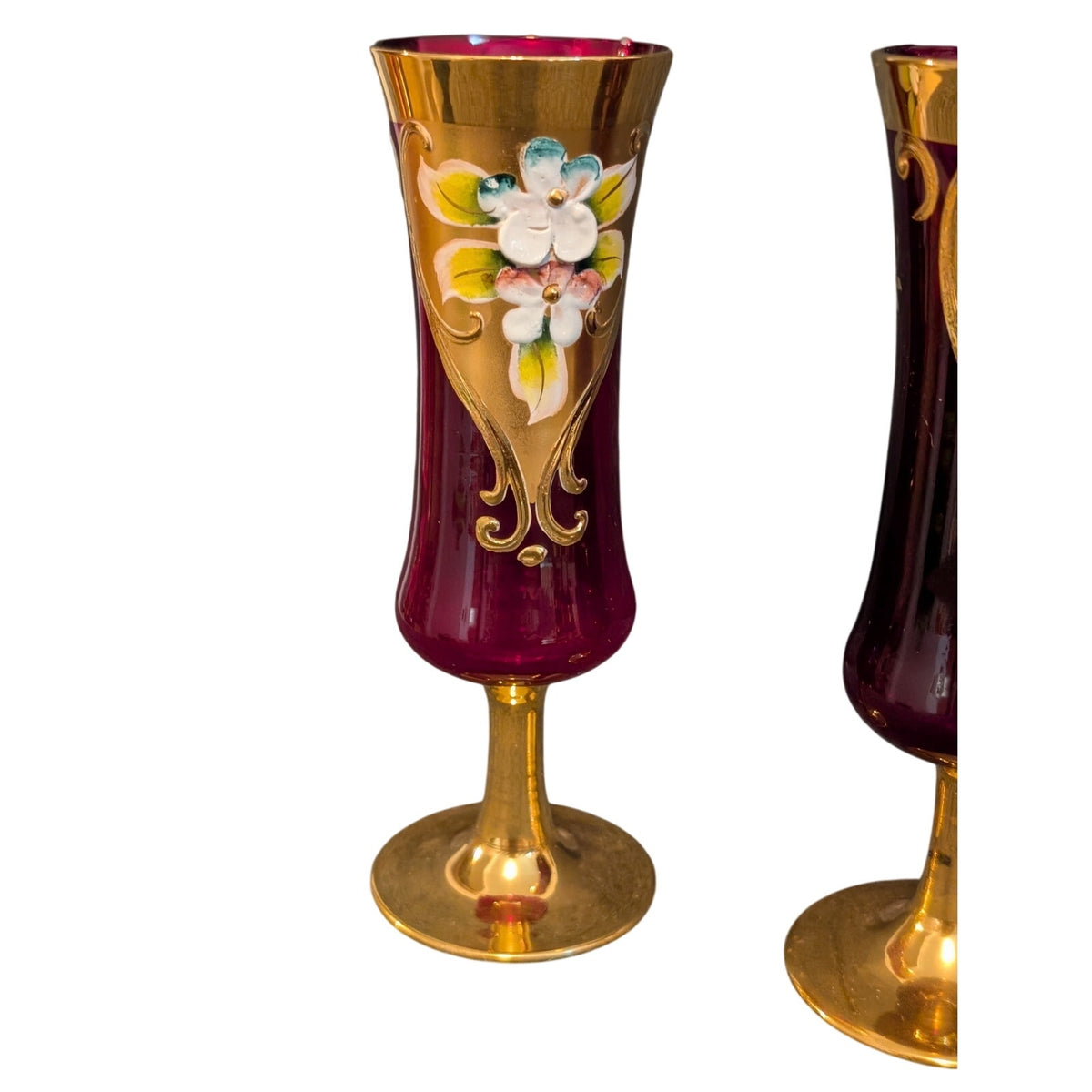 Vtg 50s 2 Red Stem Sherry Glasses Tre Fuochi Murano Italy Venetian Heavy Gilt