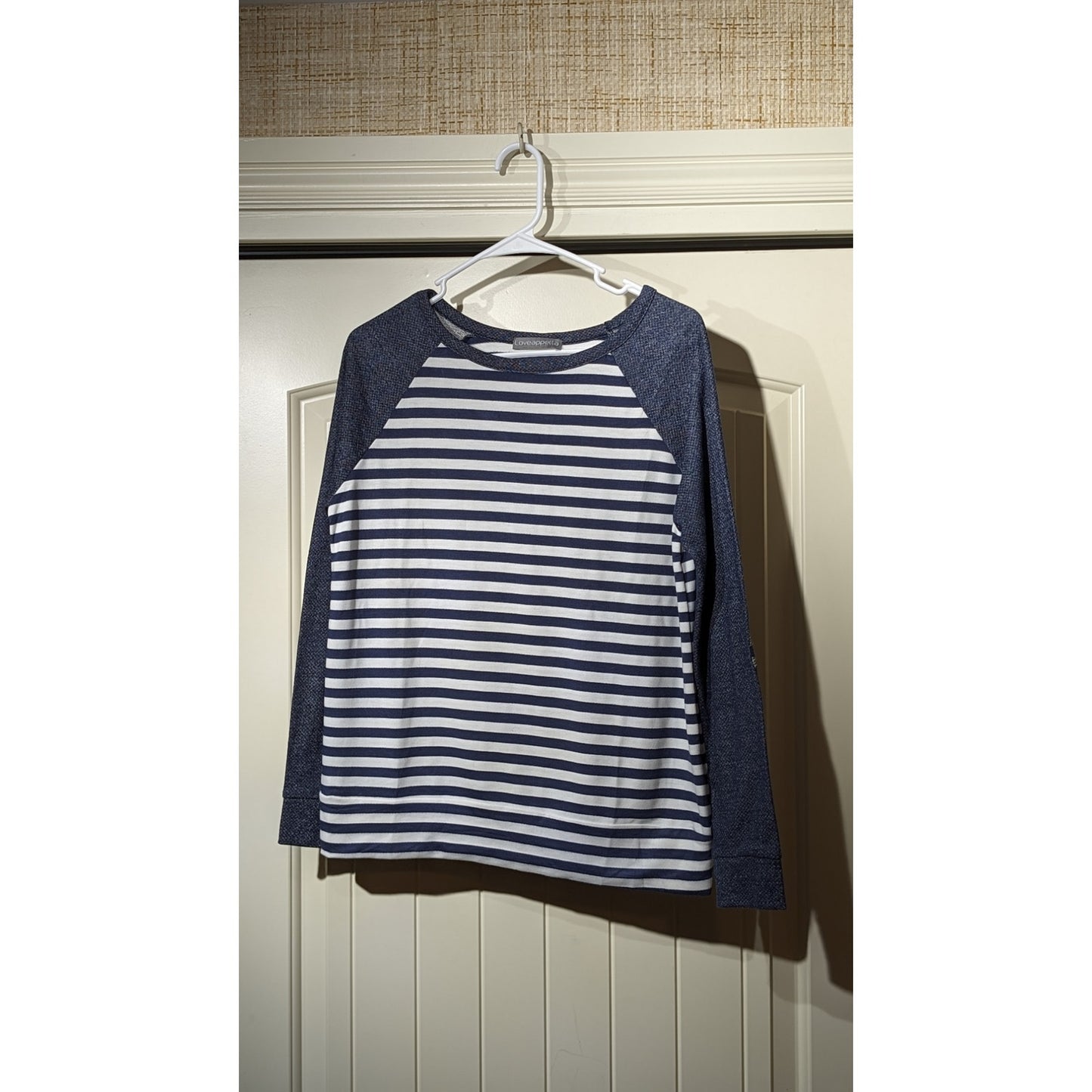 Loveappella Malbec Elbow Patch Blue Striped Knit Top Womens Sz M