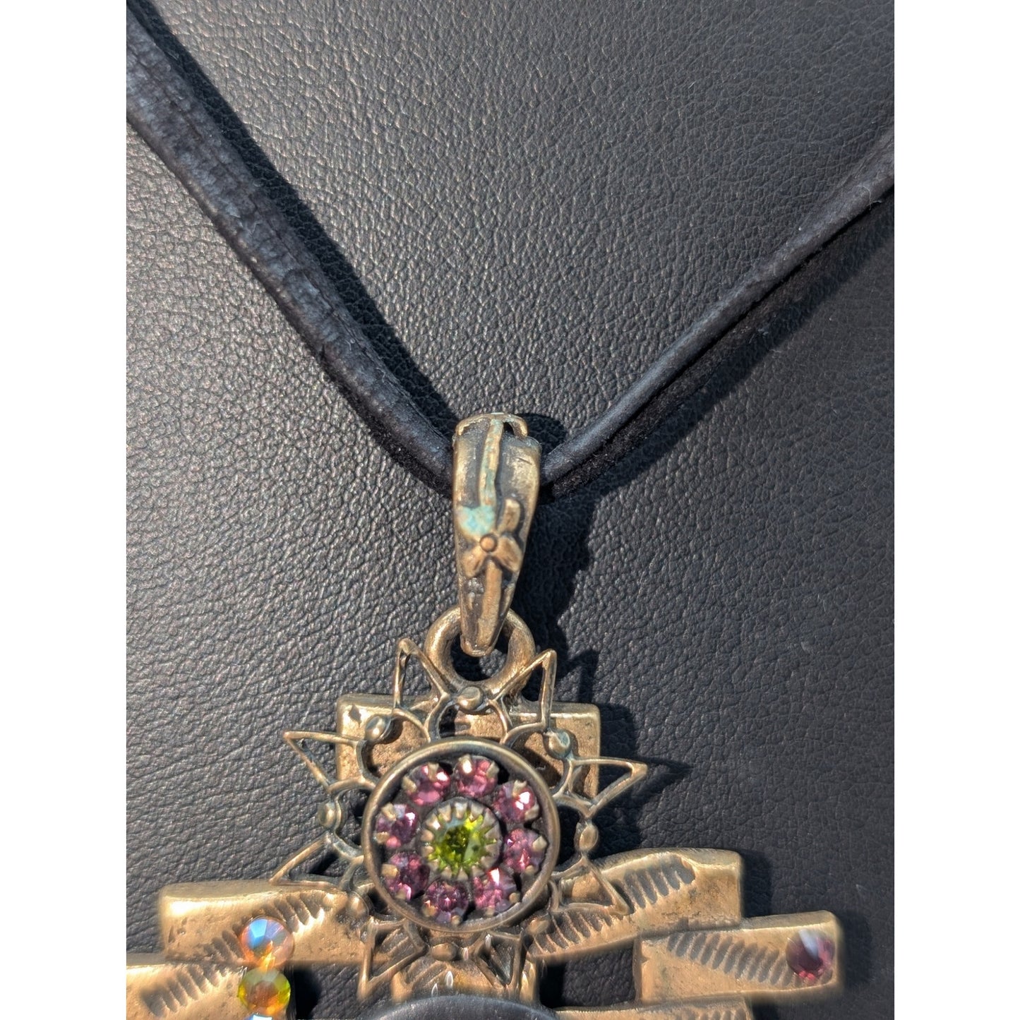 Chico's Antiqued Gold Rhinestone Dangle Double Leather Corded 30" Necklace