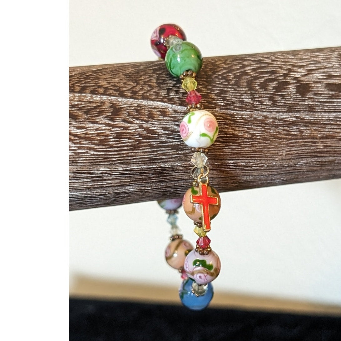 Floral Glass Bead Stretch Bracelet W/ Cross Charm Dangle