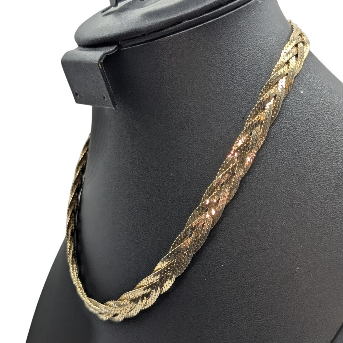 Vintage Shiny Gold Tone Braided Herringbone 18" Chain Necklace
