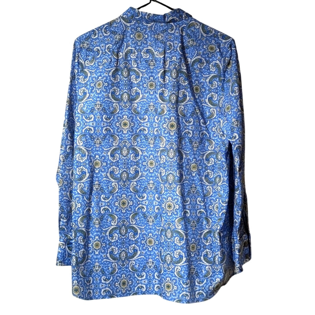 Lands' End Blue Yellow Paisley Half Button Popover No Iron Supima Womens Tunic