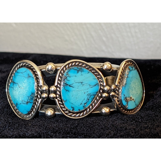 Three Turquoise Stone & Sterling Silver Chunky Cuff Bracelet