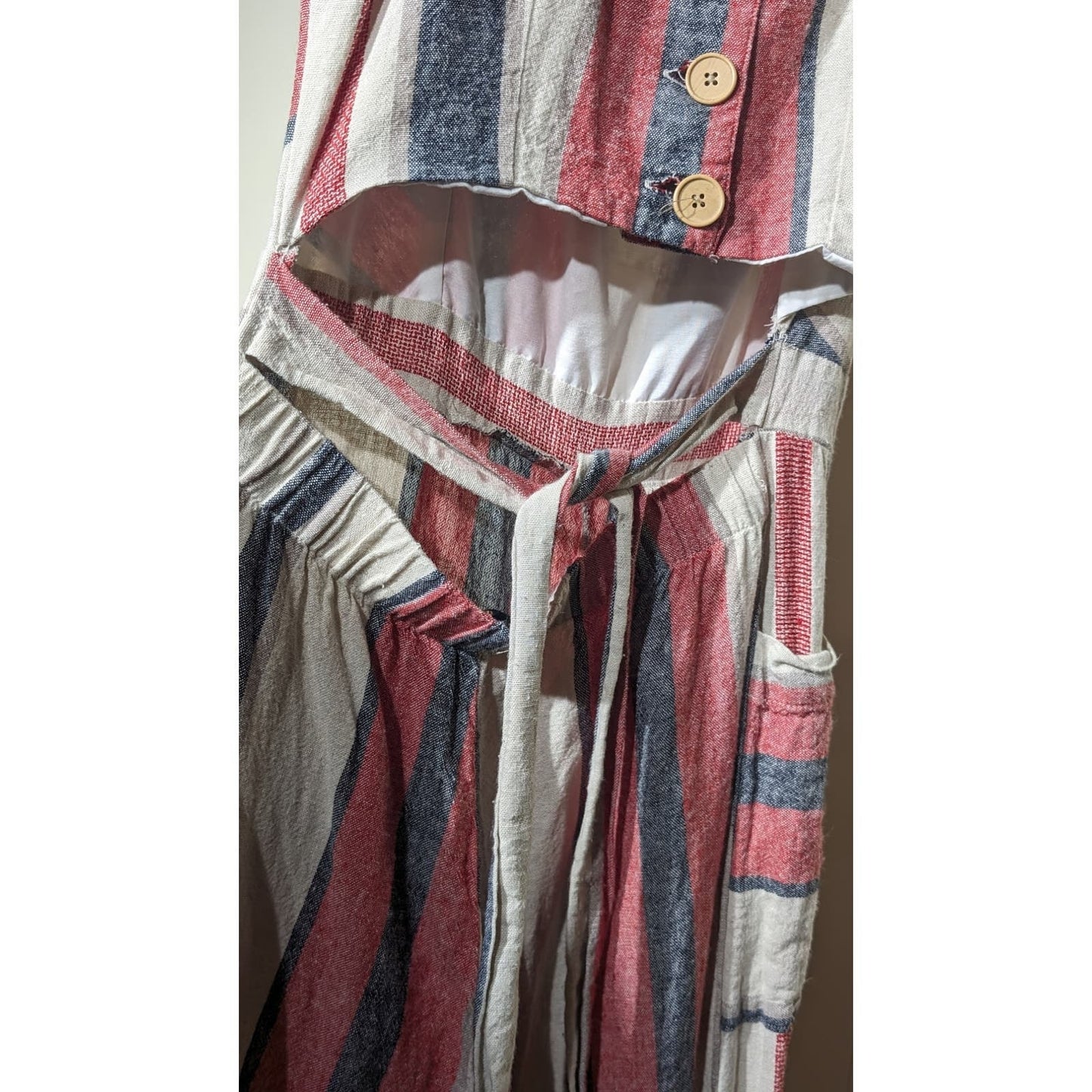 Indigo Rein Linen Blend Stripe Cut Out Tie Back Jumpsuit Womens Sz M