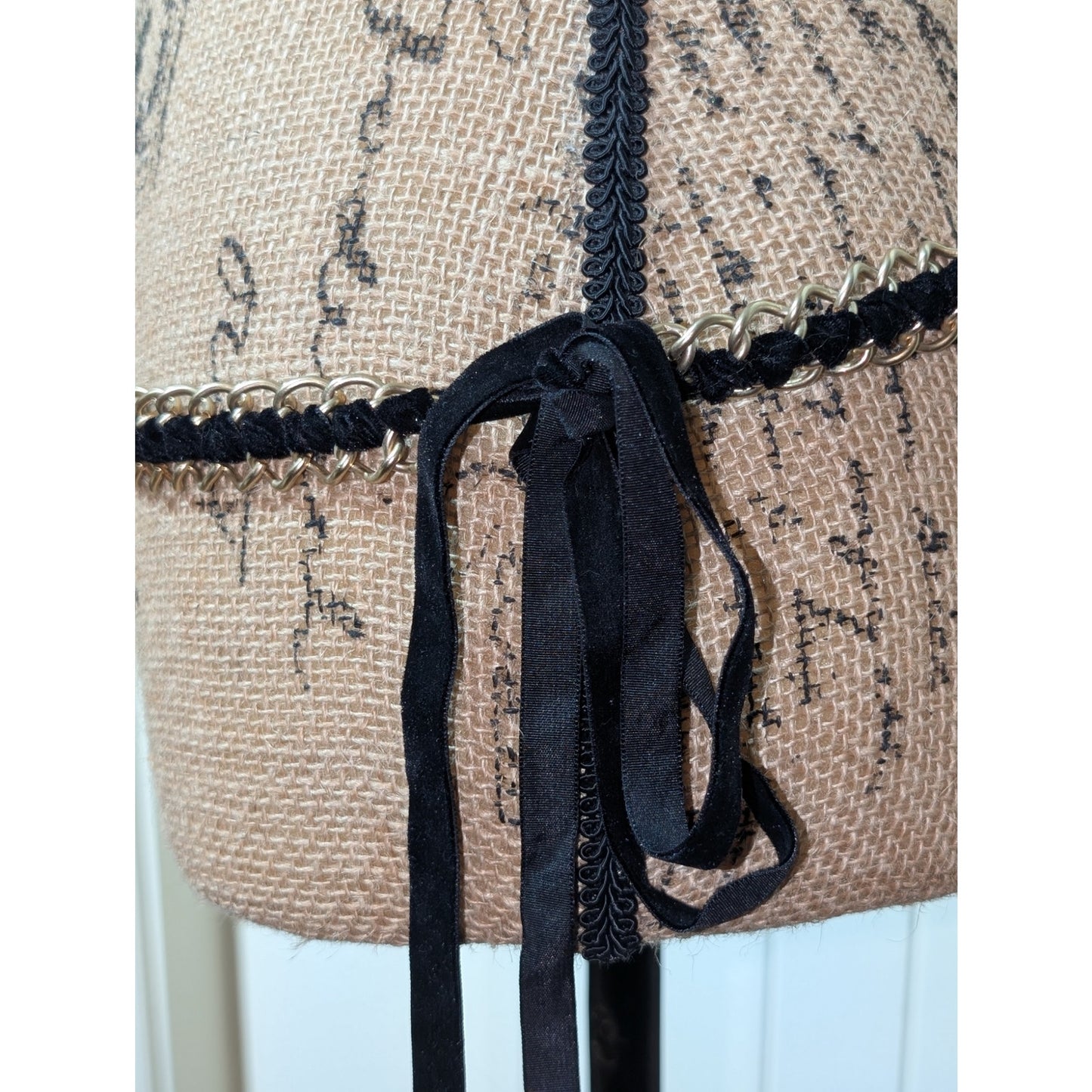 Vintage Black Velvet Ribbon Woven Gold Tone Chain Approx. 80" Chain Belt