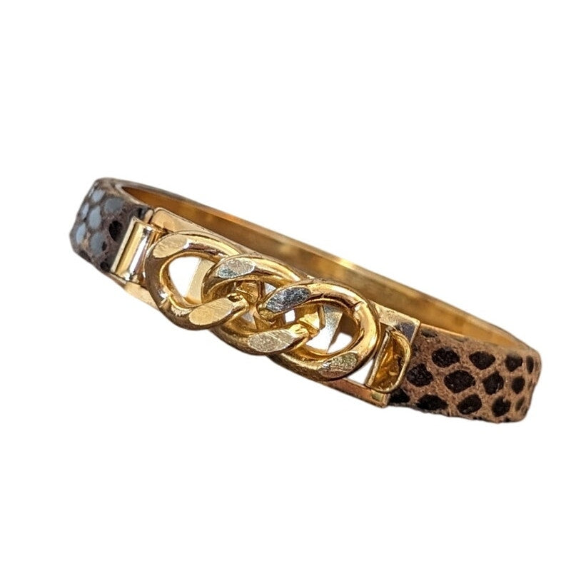 Brown Leather Gold Tone Chain Bangle Bracelet