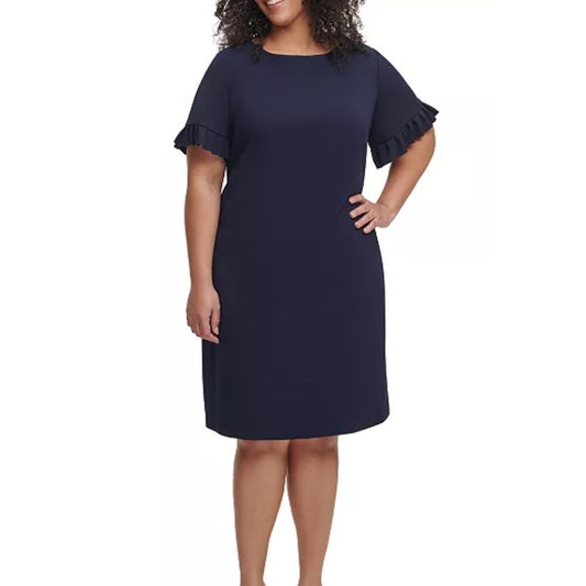 TOMMY HILFIGER Navy Stretch Zippered Ruffled Scuba Crepe Dress Womens Sz 22W