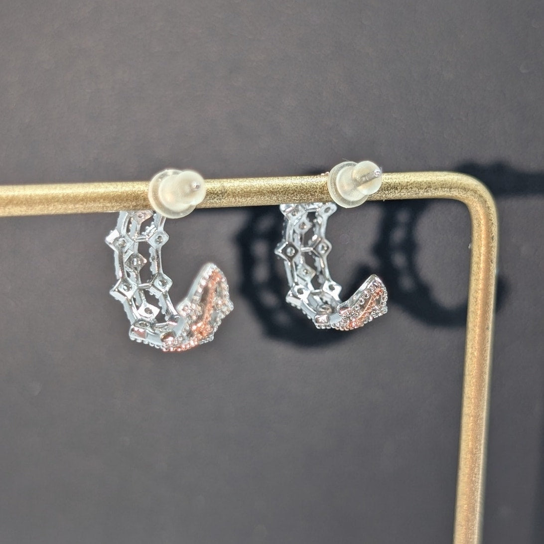 PAJ 925 Sterling Rose & Silver CZ Fancy Half Hoop Earrings