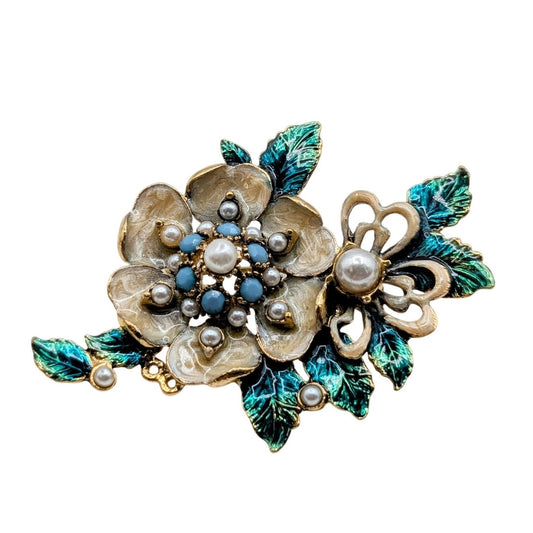 Vintage Monet Faux Pearl Enamel Floral Leaf Gold Tone Brooch