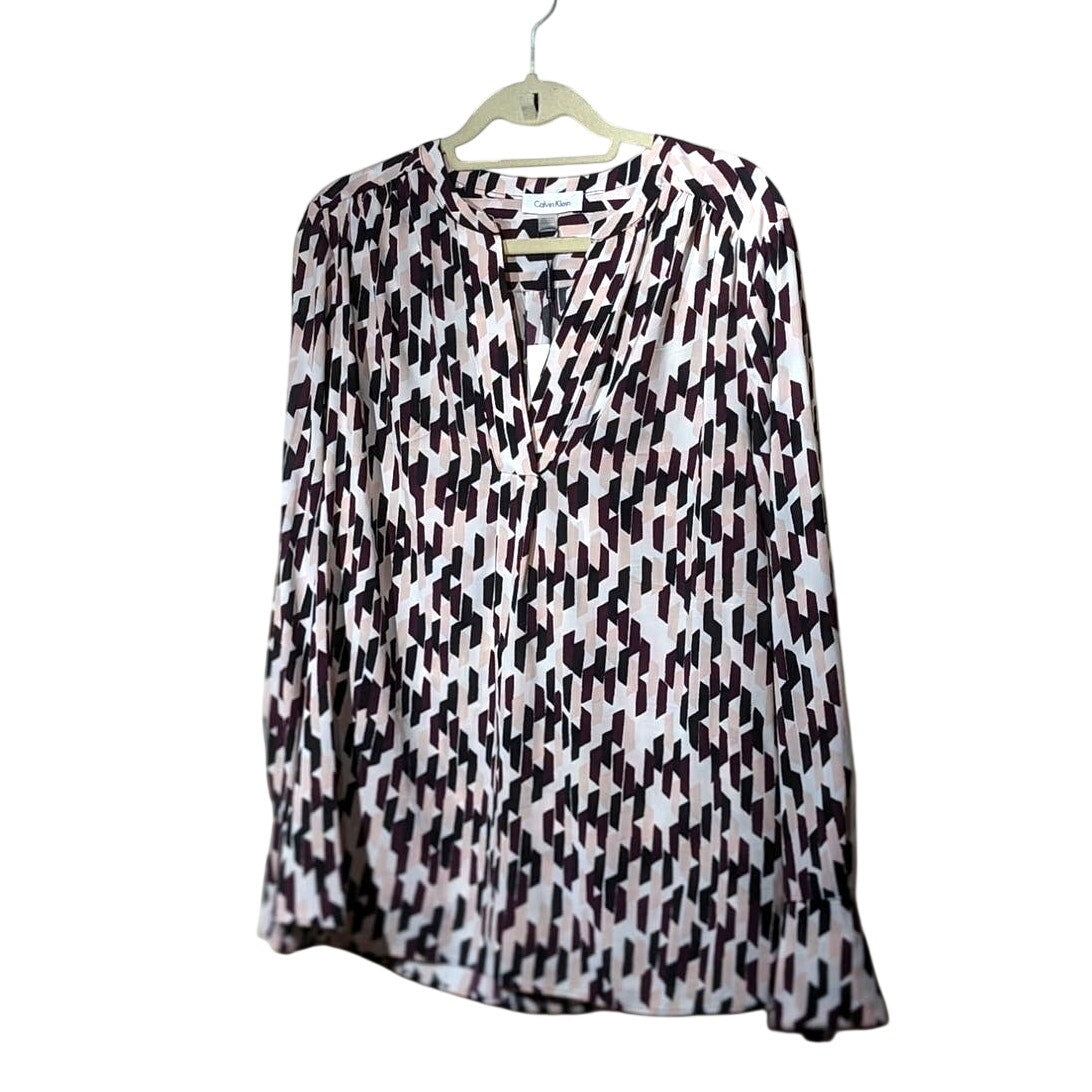 Calvin Klein Maroon Pink Black White Geometric Print V Neck Tunic Womens Sz XL