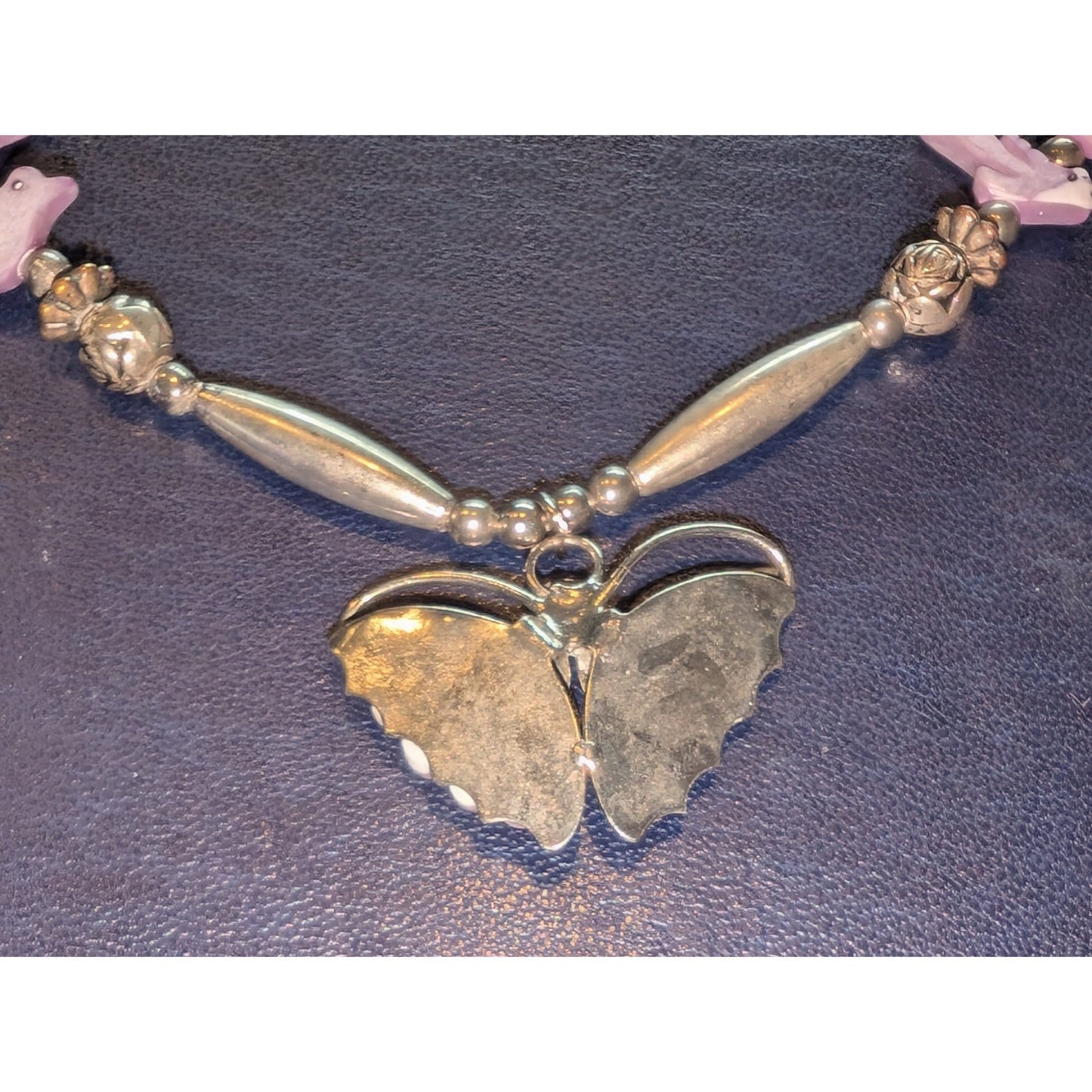 Vintage Liquid Silver Pink Shell Butterfly & Bird Barrel Clasp 18" Necklace
