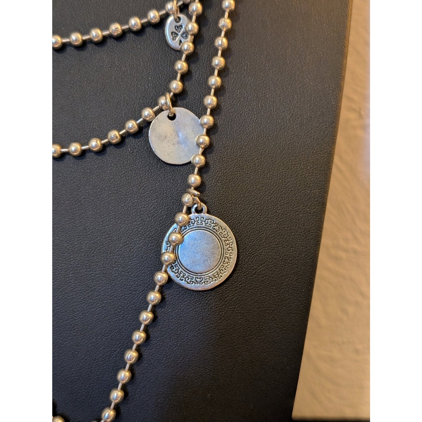 Silver Tone Bead Ball Chain W/ Medallian Charm Dangles & Lobster Claw Clasp