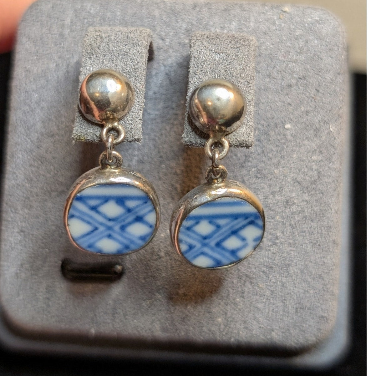 Vintage Minton Pottery Sterling Silver Ball Post Dangle Earrings