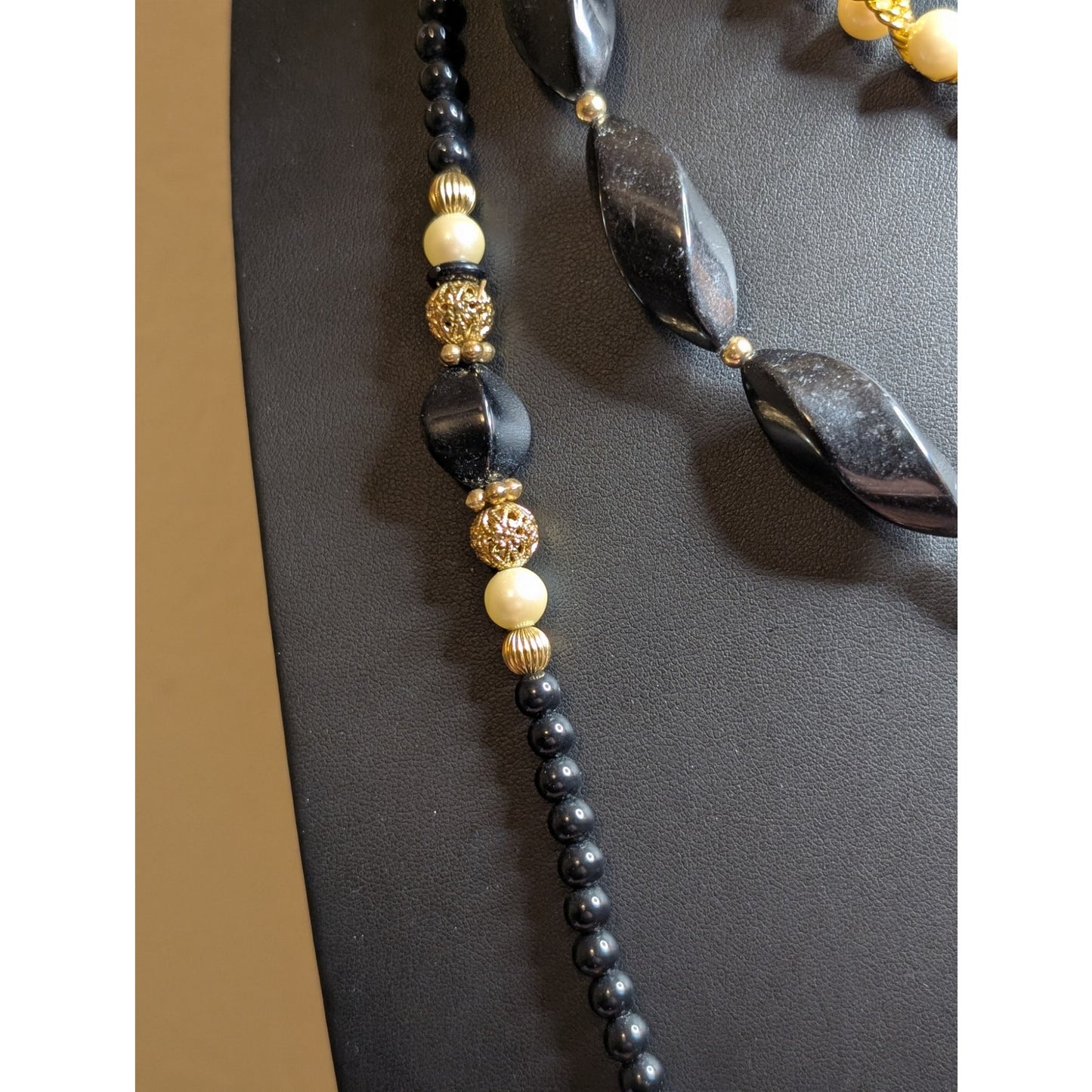 Lot of Three Cream Black Gold Layering Necklaces