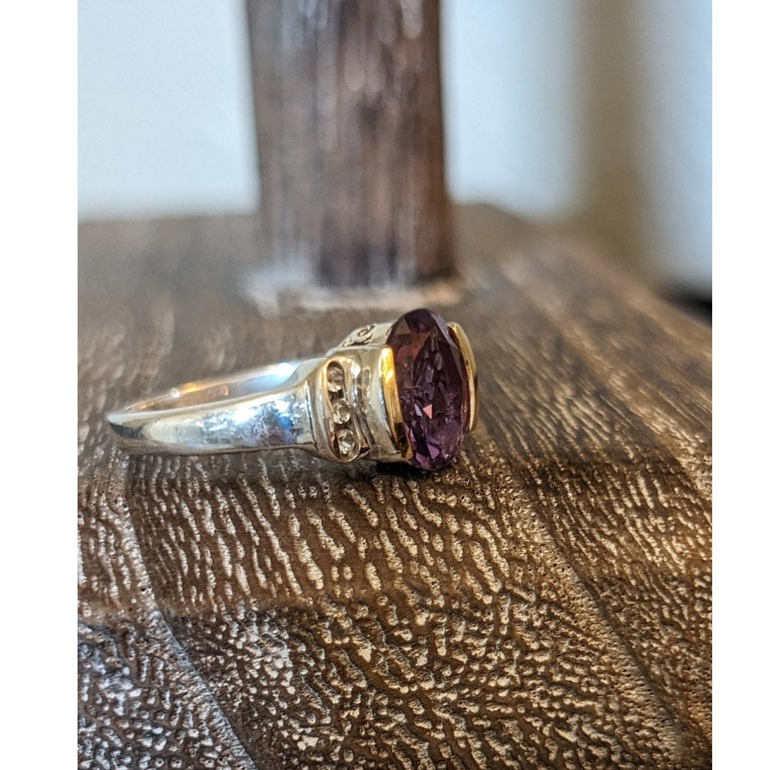Amethyst White Spinel 925 14K Partial Bezel Set Ring Size 7.5