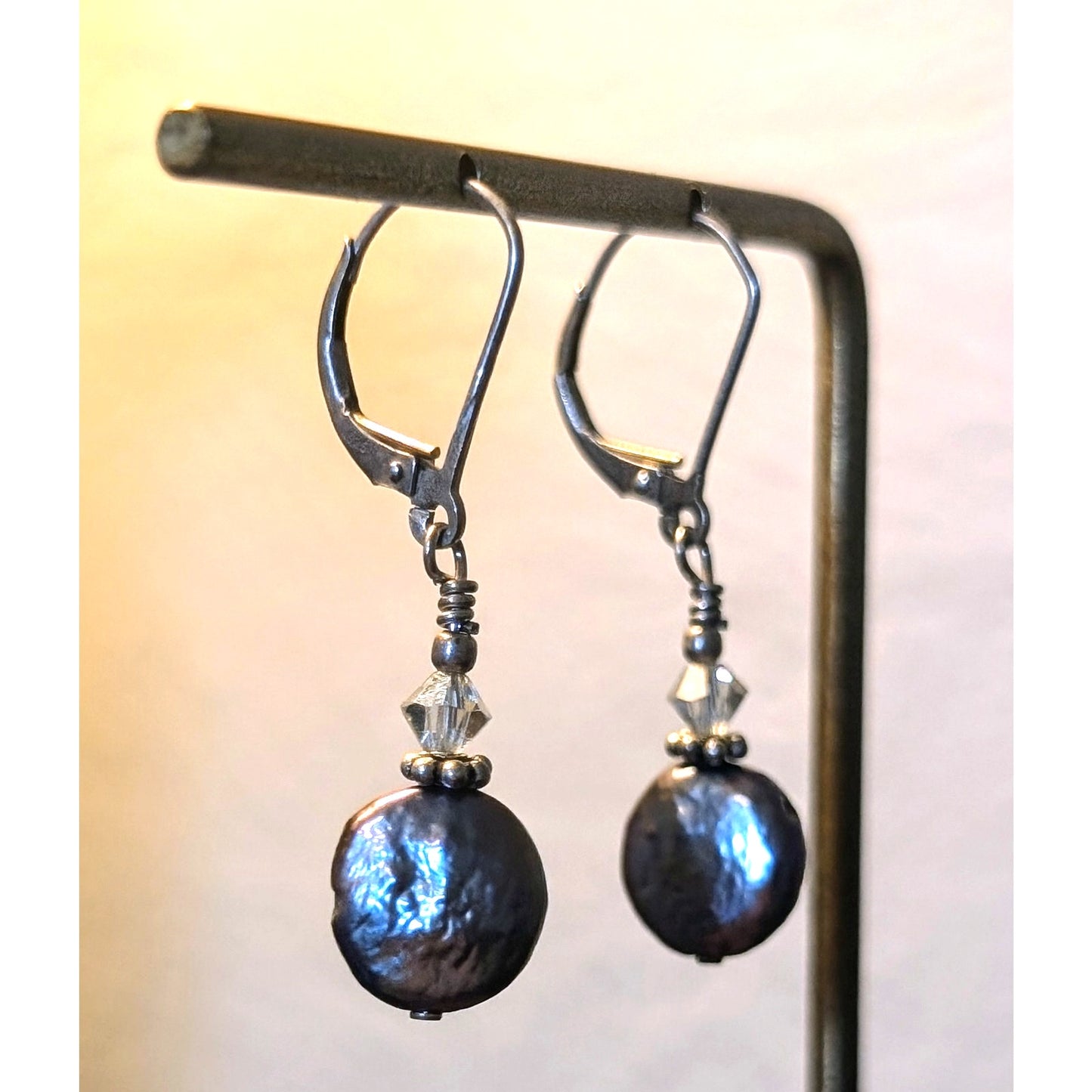Natural Peacock Flat Coin Dangling Pearl 925 Sterling Silver Lever Back Earrings