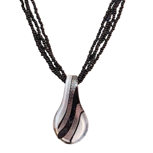 Vintage Black and Silver Dichroic Glass Pendant Black Beaded Necklace
