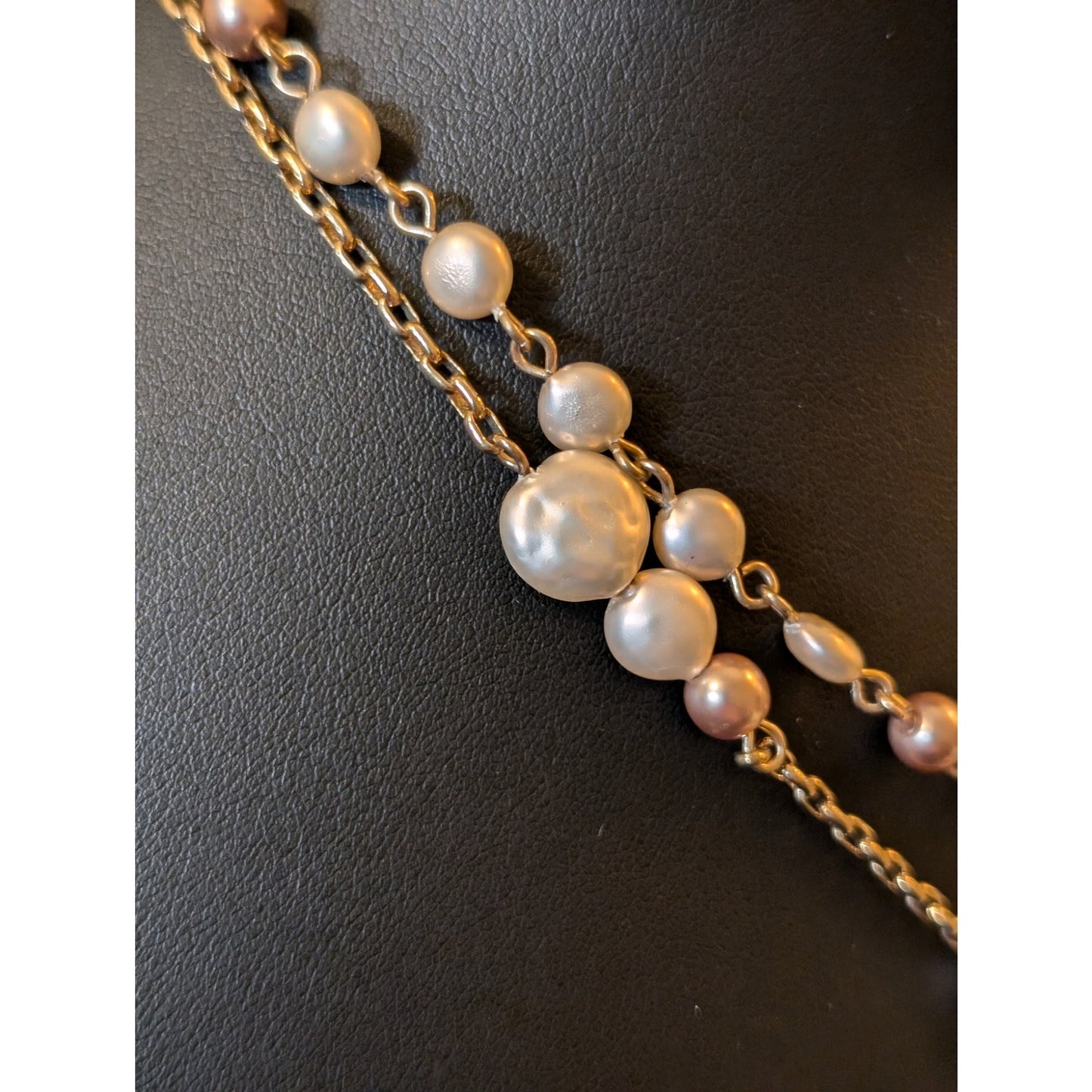 Vintage Anne Klein Double Strand Champagne Penny Coin Pearl Dangle Necklace