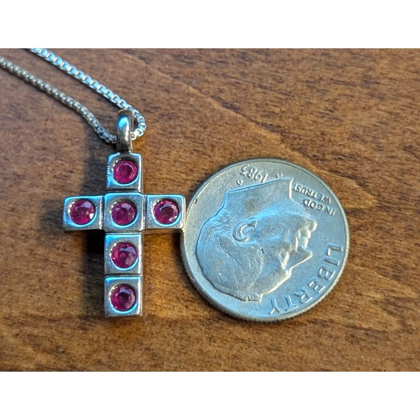 ELLE Signed Tested Ruby Cross Sterling Silver Pendant on 925 Box Chain Necklace
