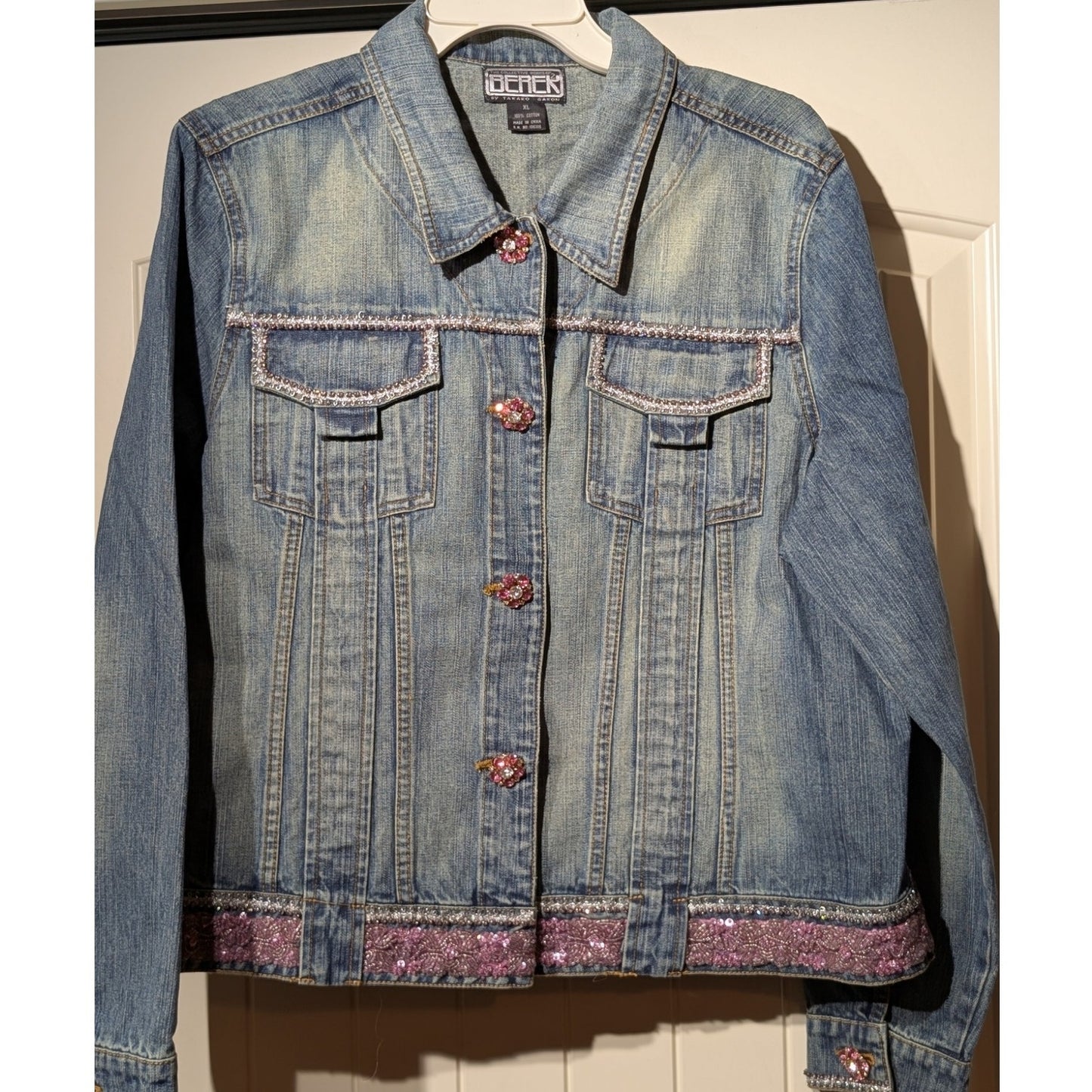 Berek by Takako Sakon Embellished Pink Sequin Bead Rhinestone Denim Jacket Sz XL