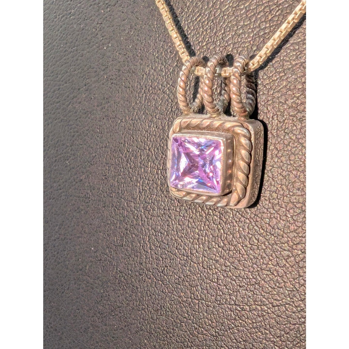 VTG Lori Bonn 925 Sterling Silver Purple Stone Pendant Box Chain 16" Necklace