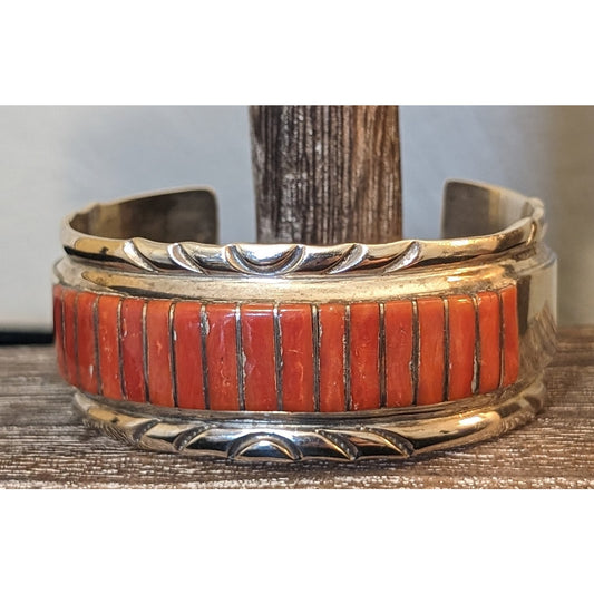 VTG Signed Zuni El Gasper Red Coral Inlay Sterling Silver Cuff Bracelet 44g