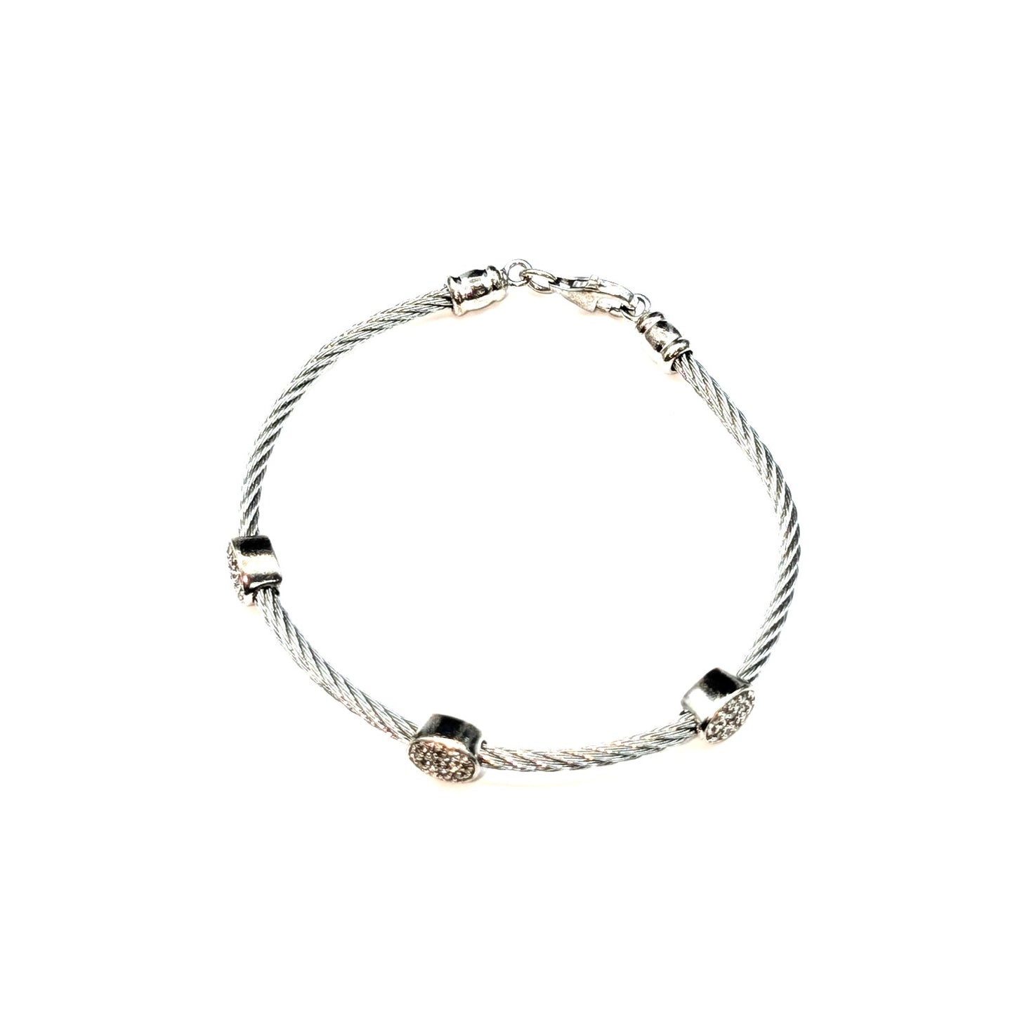 925 Sterling Silver Cable Three CZ Station Bracelet