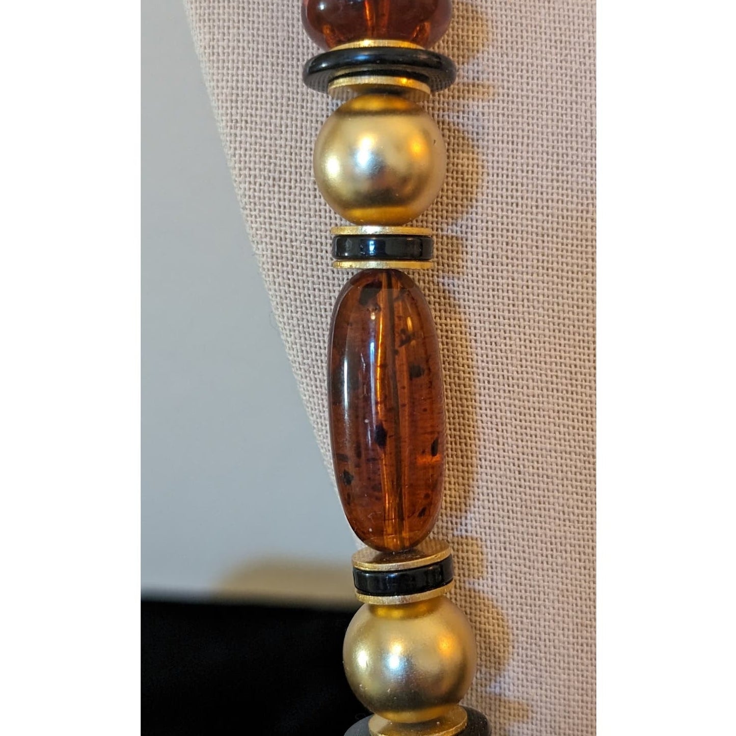 Amber Look Gold Tone Bead Long Vintage Necklace W/ Unique Barrel Clasp