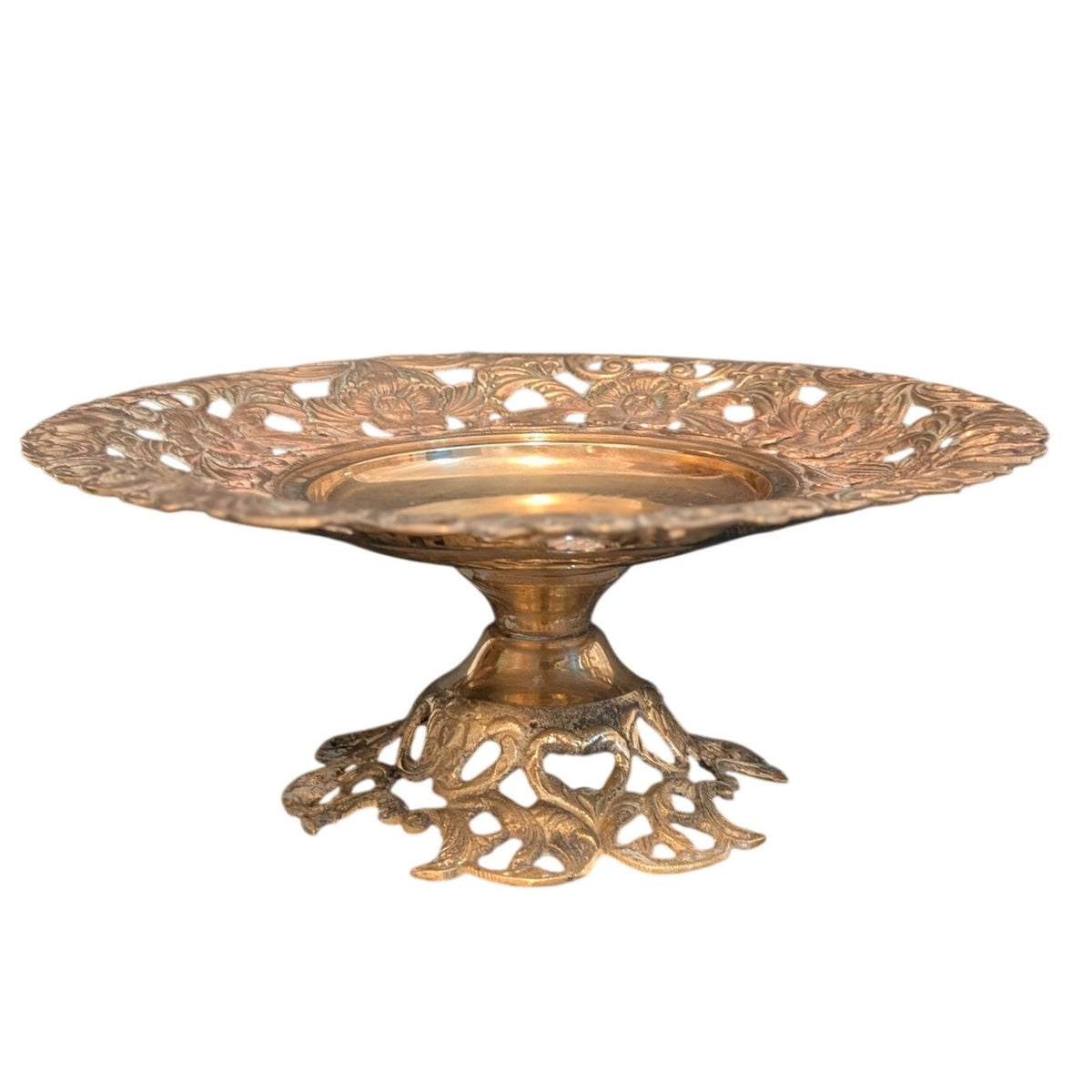 Vintage Brass Ornate Cut Out Floral Pedestal Bowl Compote