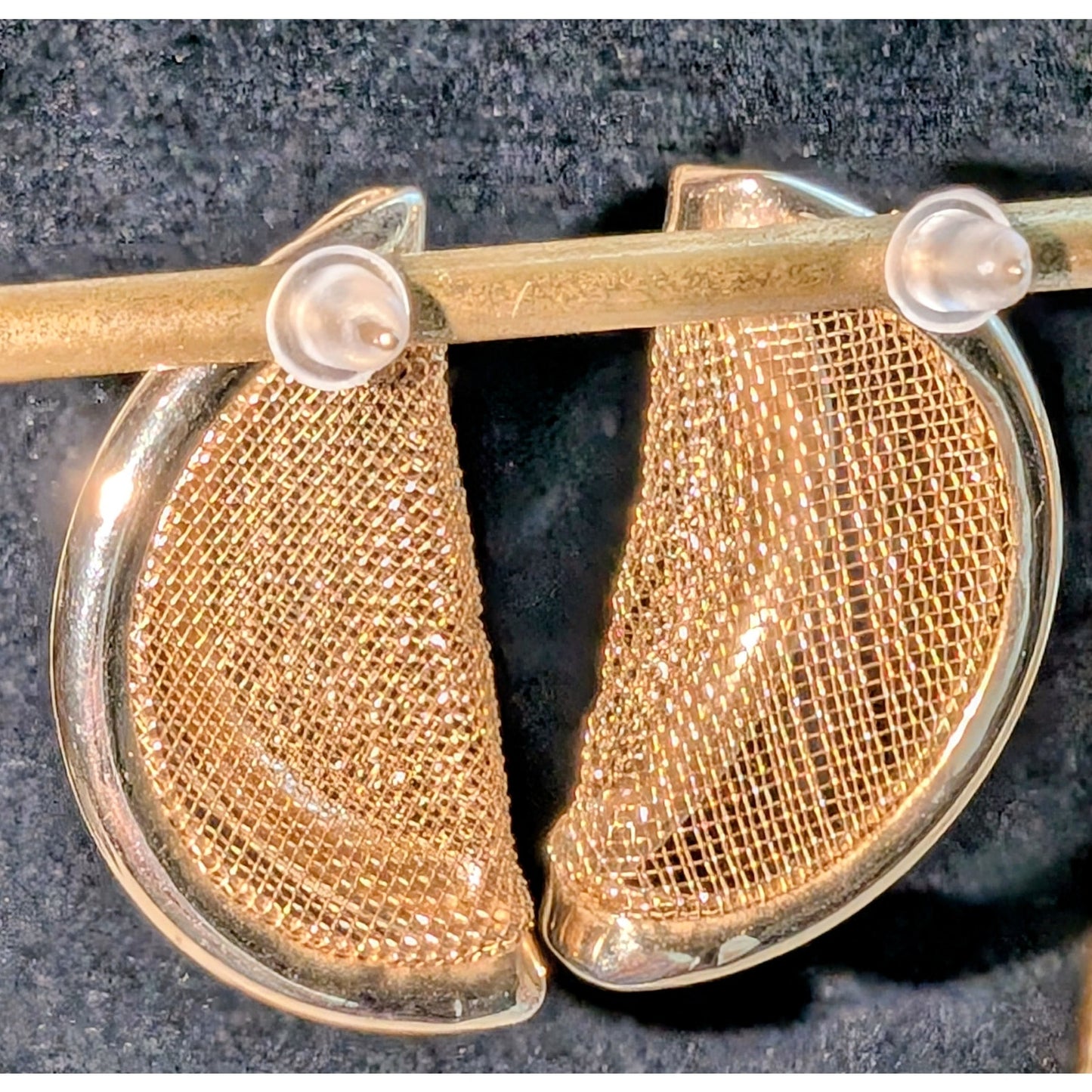 Vintage Gold Tone Mesh Fortune Cookie Pierced Earrings
