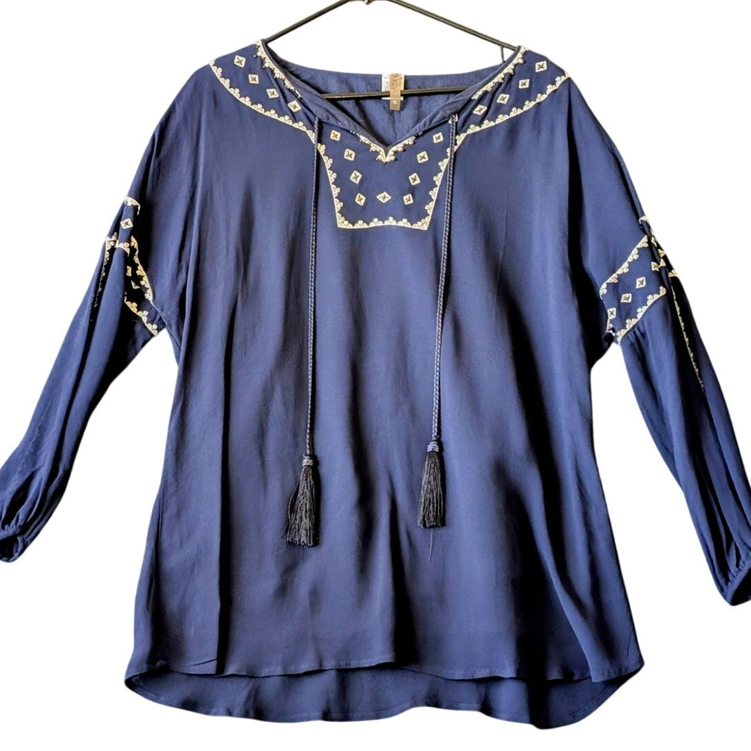 XCVI Navy Sheer Tunic Lace Bead Embellished Tie Neck 3/4 Sleeve Blouse Sz XL