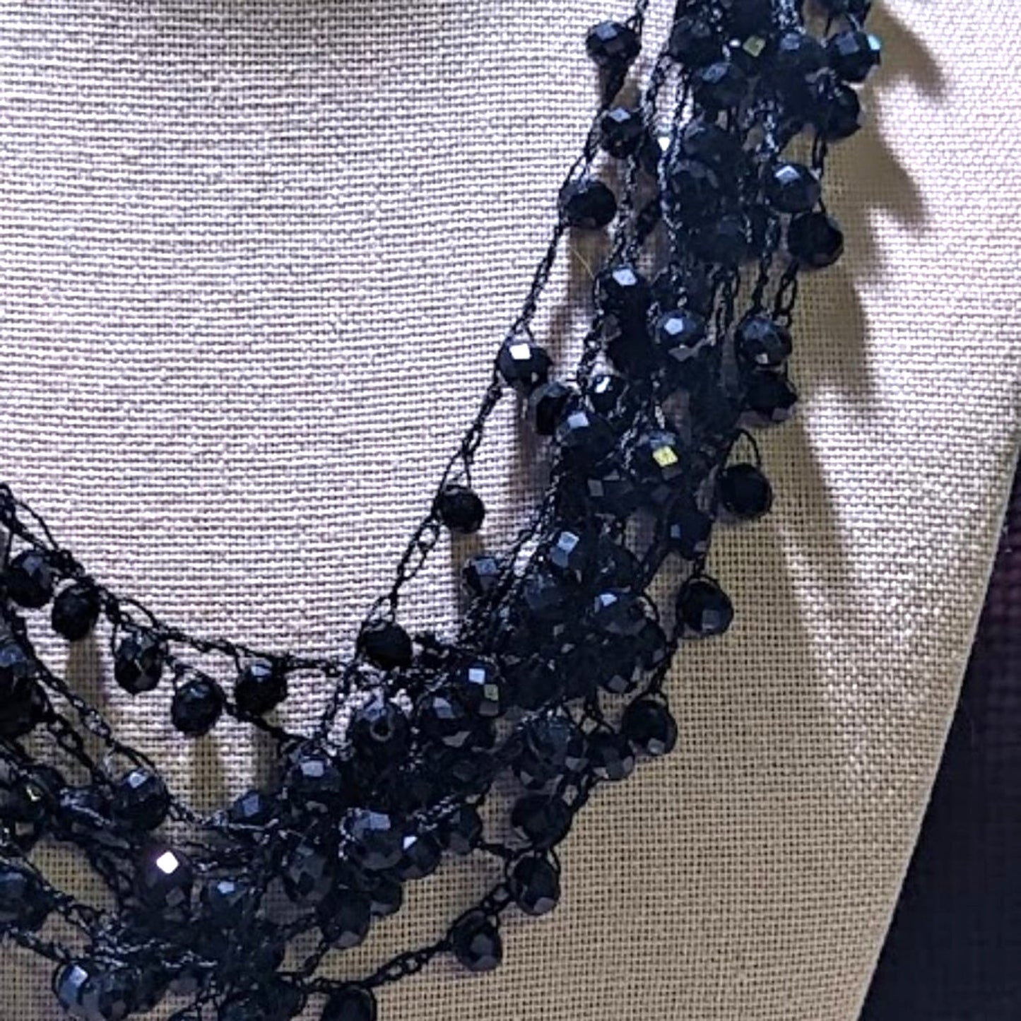 Black Crystal Crochet Beaded Necklace with Button Closure