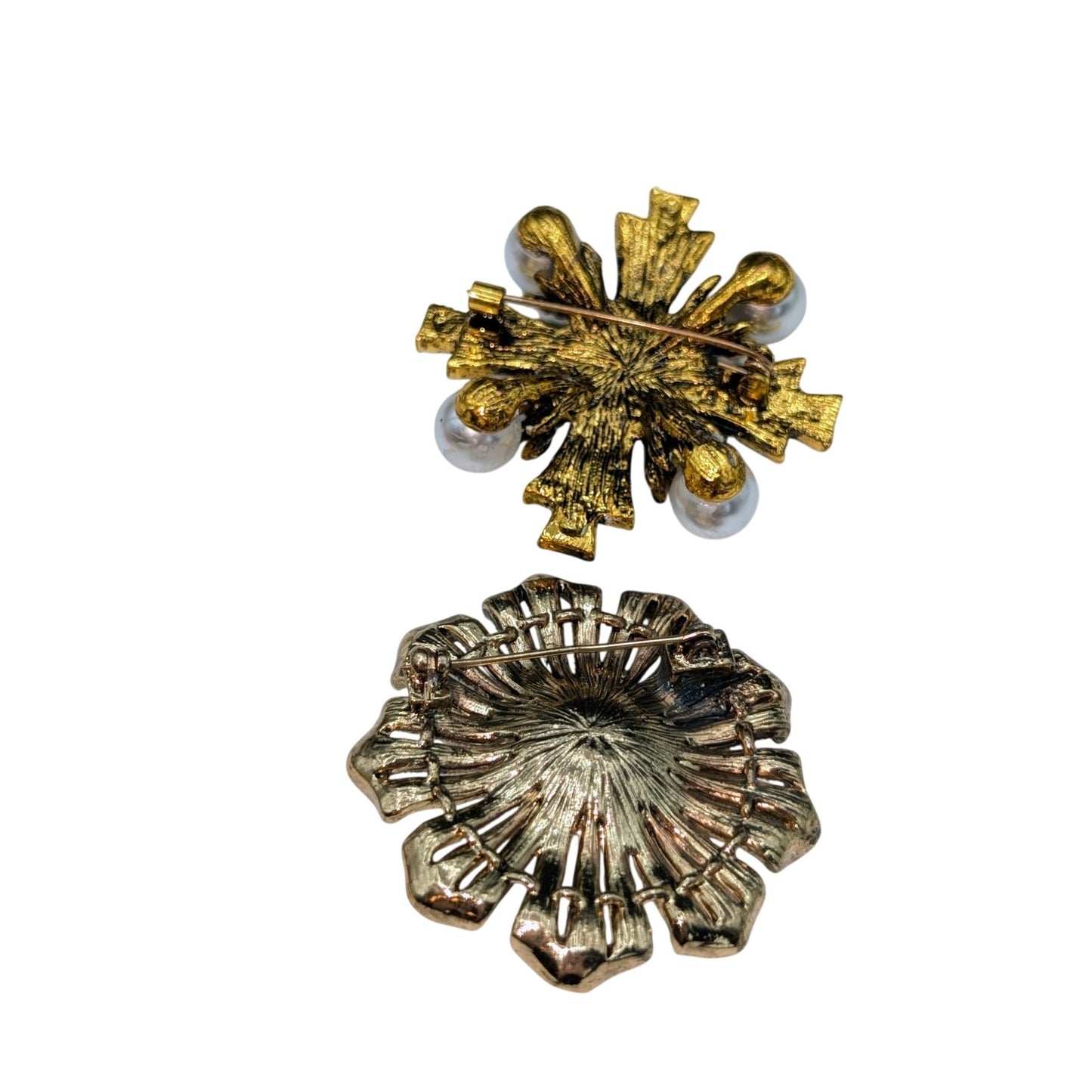 Lot of Two Antiqued Metal Faux Pearl Rhinestone Brooches