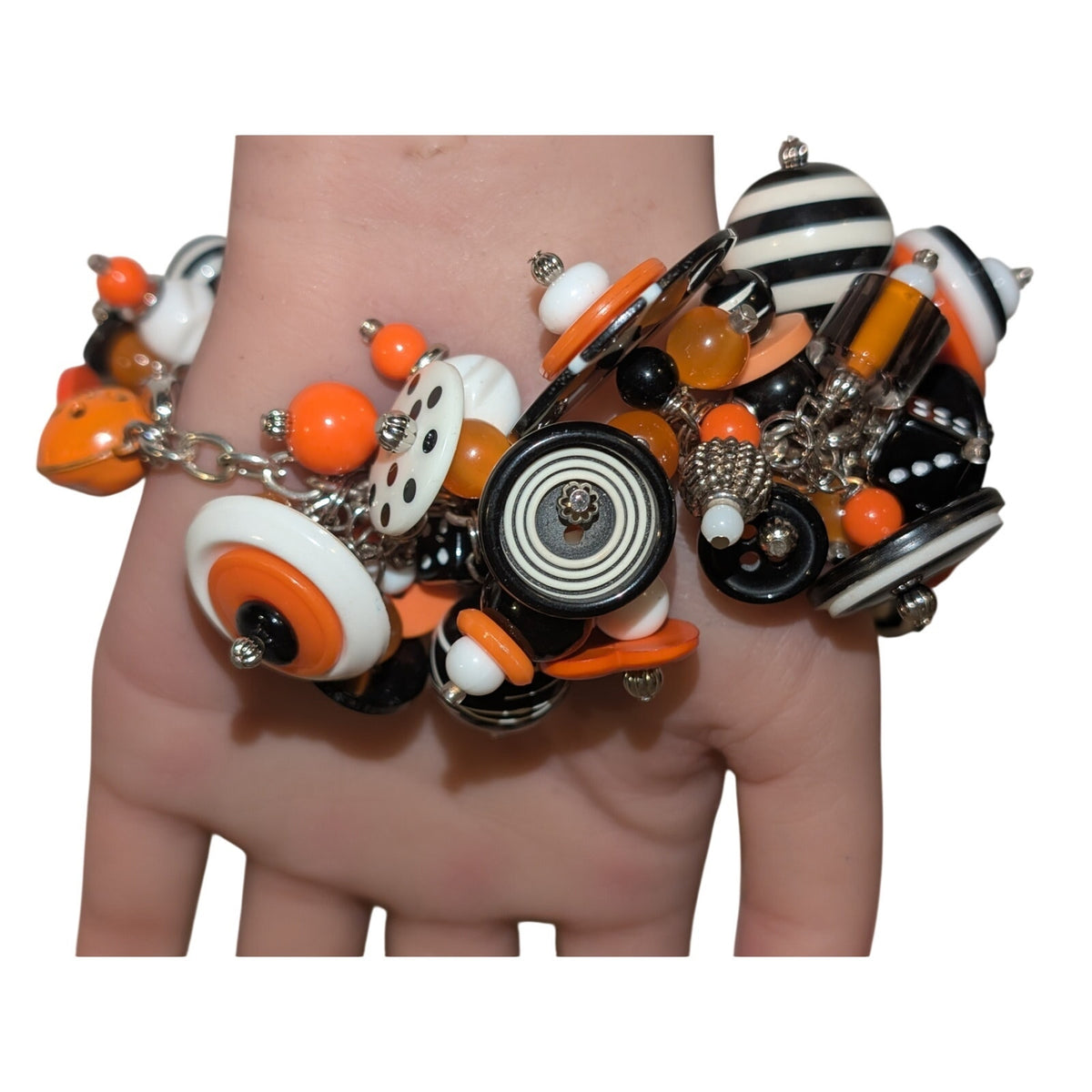 Vintage Artisan OOAK 90s Halloween Button Bead Pumpkin Charm Costume Bracelet