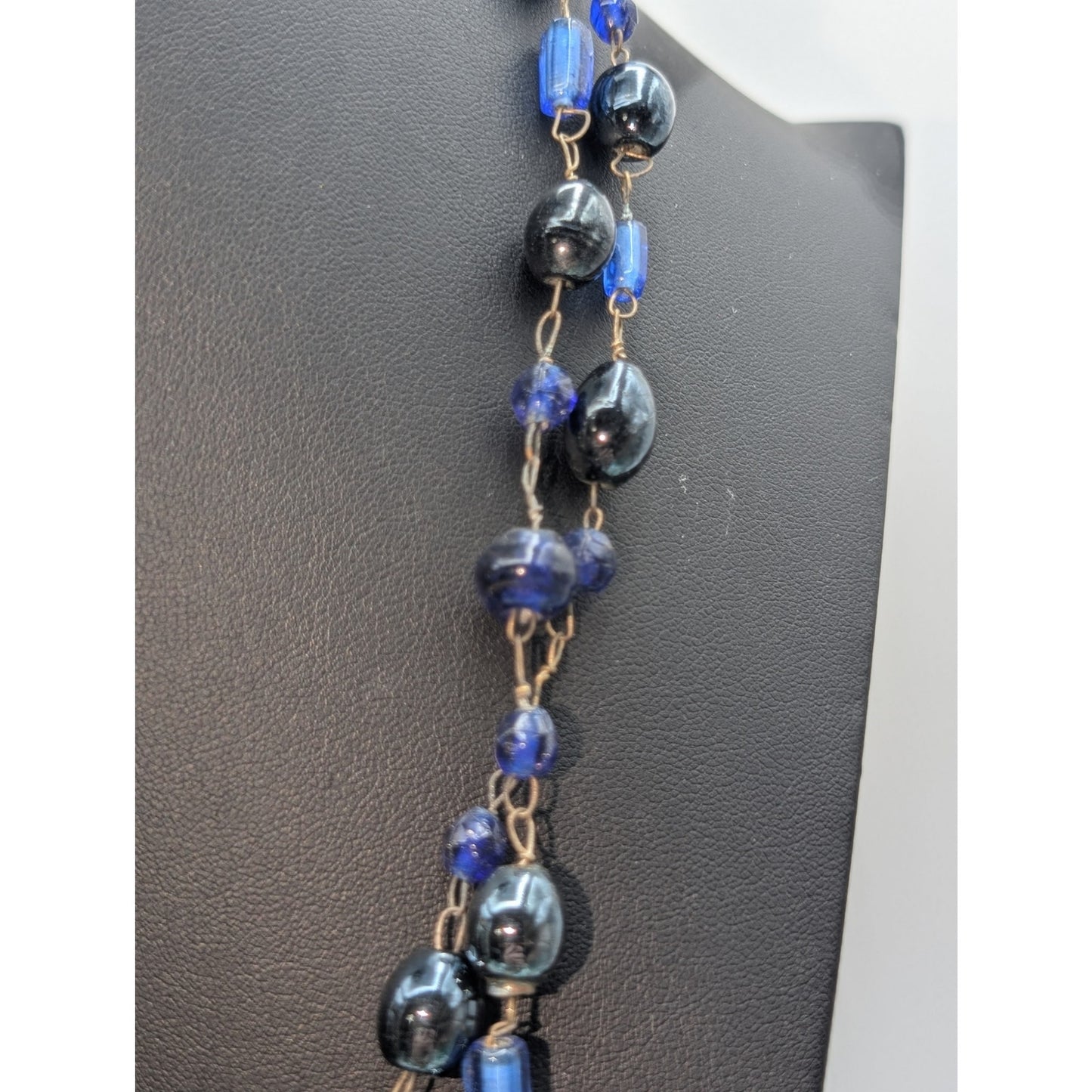 Vintage Blue Glass Rosary Style Beaded 52" Long Chain Necklace