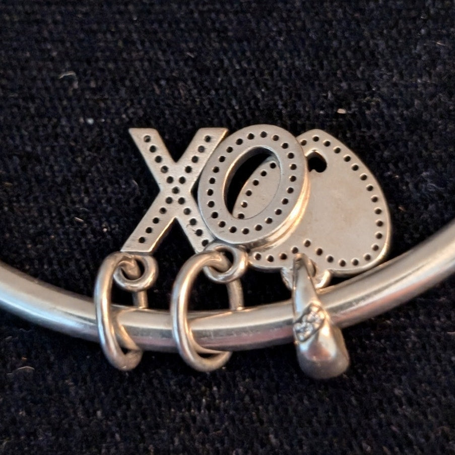 Pandora's Modern Classic Silver Bangle W/ Rose Metal Blend & Three Charms